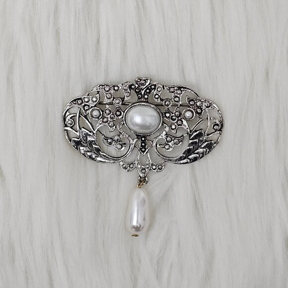 Vintage Silver Tone Filigree Victorian Pearl Drop Crystal Pin Brooch - Picture 1 of 5